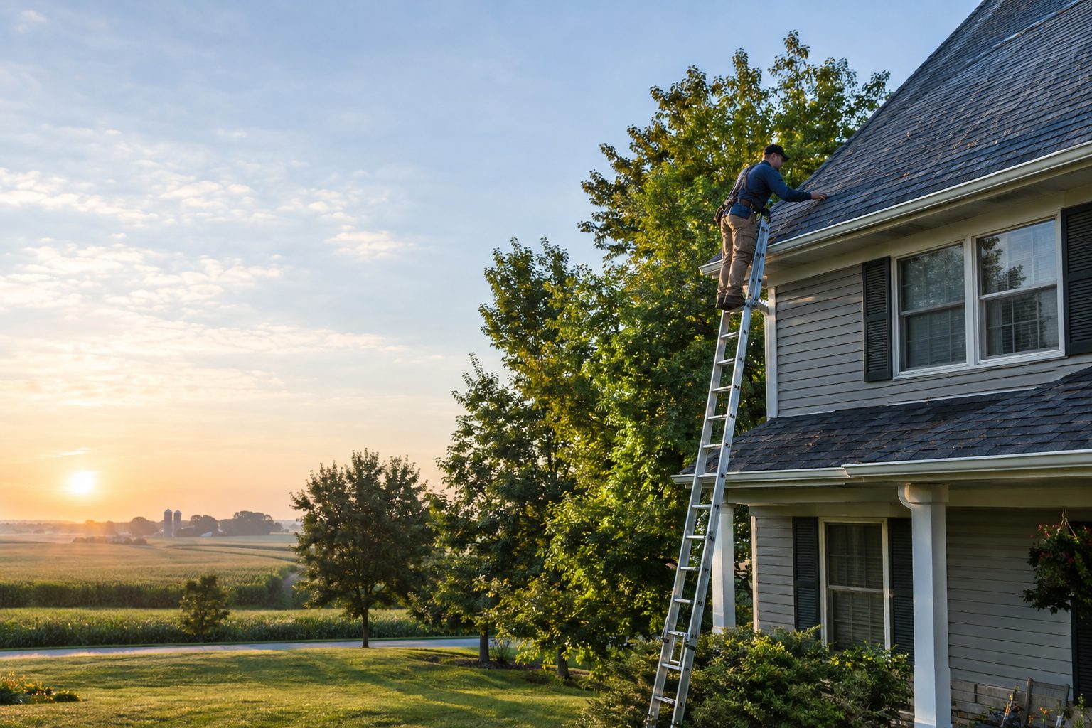 A roofing contractor inspects shingles from a ladder beside a traditional two-story Cedar Falls home after a summer storm in Cedar Falls, IA