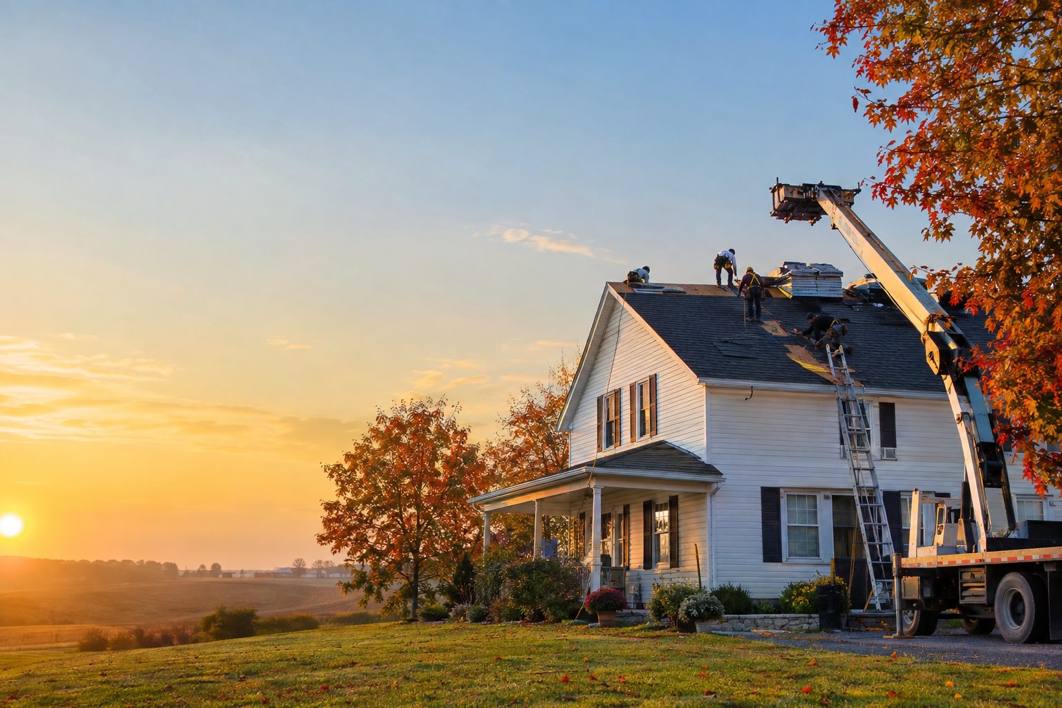 A crew on the roof installing shingles at sunrise with a ladder and boom truck at a two-story Iowa farmhouse-style home with maples in Waterloo, IA